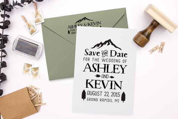 Save The Date Stamp with Return Address Stamp on Maple Mount, Wedding –  SayaBell Stamps
