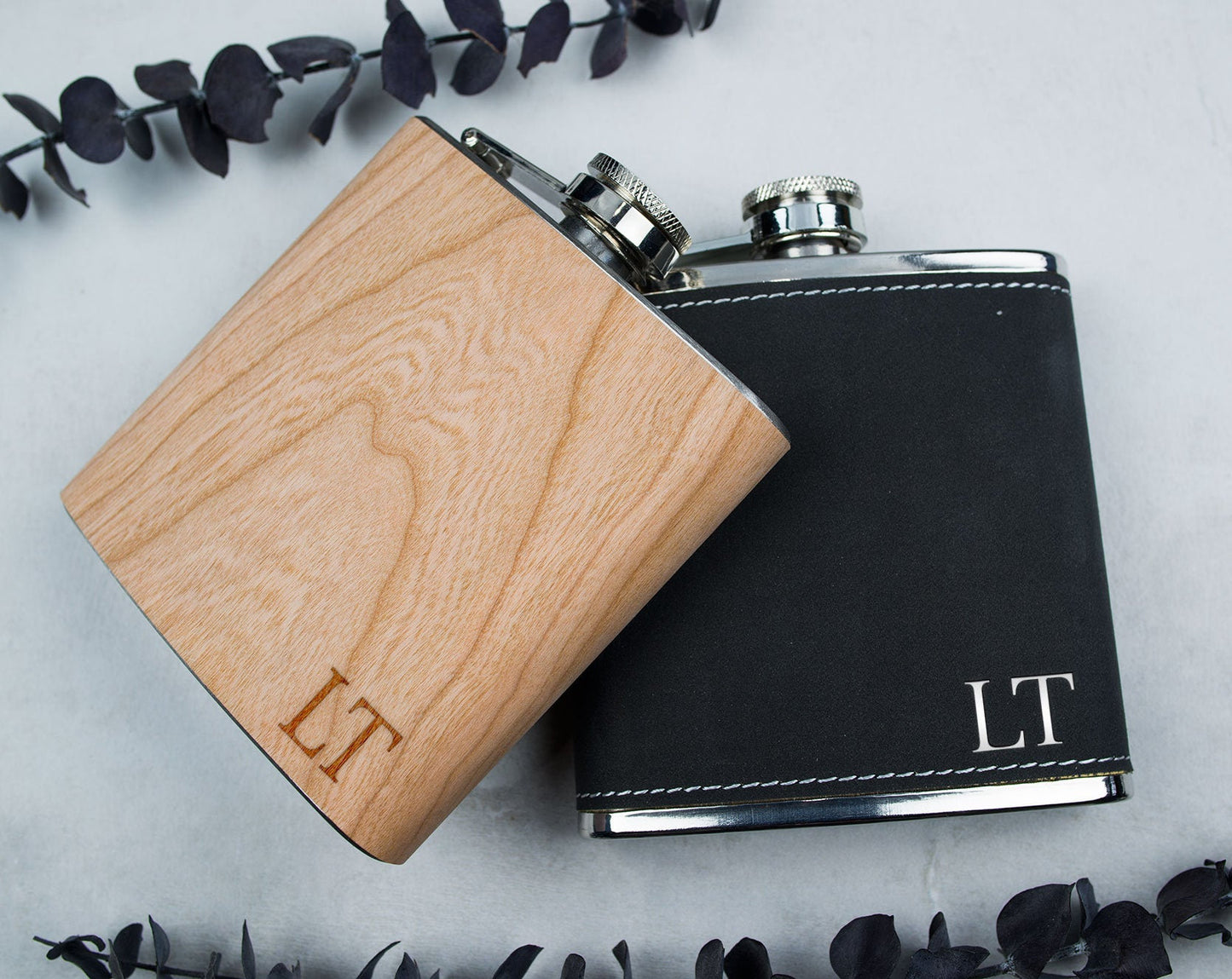 Personalized Flask, Wood Flask, Black Flask, Groomsmen Gift, Custom Flask 6oz - F1